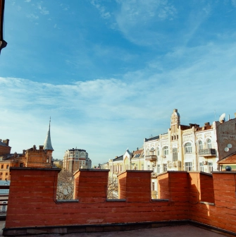 Golden Gate in Kyiv - view from the wooden ramparts overlooking historic buildings and rooftops of the Old Town