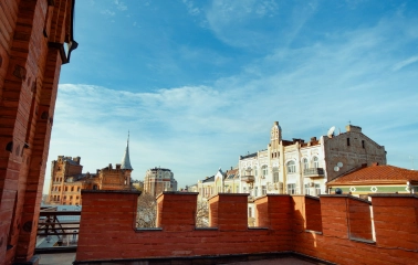 Golden Gate in Kyiv - view from the wooden ramparts overlooking historic buildings and rooftops of the Old Town