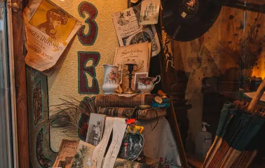 One Street Museum in Kyiv - detail of vintage books and porcelain display