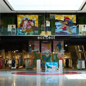 Two-story Vsi. Svoi store in Lavina Mall decorated with bright banners