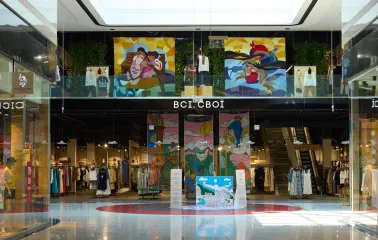 Two-story Vsi. Svoi store in Lavina Mall decorated with bright banners