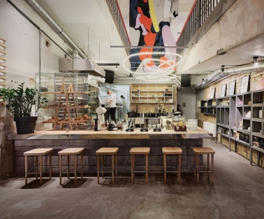 Octo Tower - modern interior of a cafe with a working kitchen