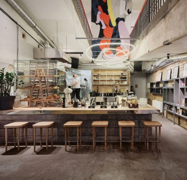 Octo Tower - modern interior of a cafe with a working kitchen