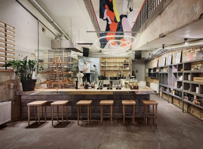 Octo Tower - modern interior of a cafe with a working kitchen