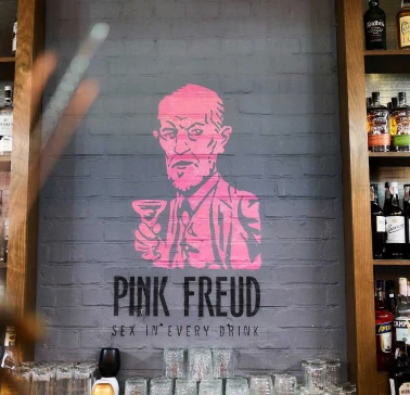 Stylish Pink Freud interior design featuring an image of Sigmund Freud