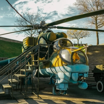 War Museum in Kyiv - military helicopter exhibited in the open-air section