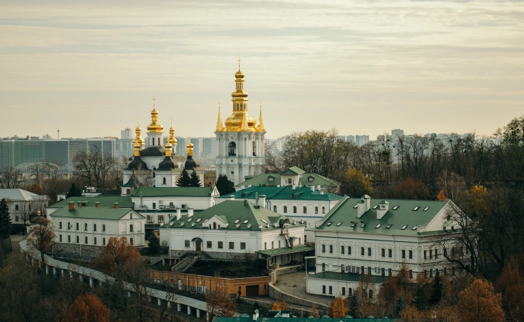 Lavra in Kyiv - panoramic view of the golden domes and green roofs of the monastery complex