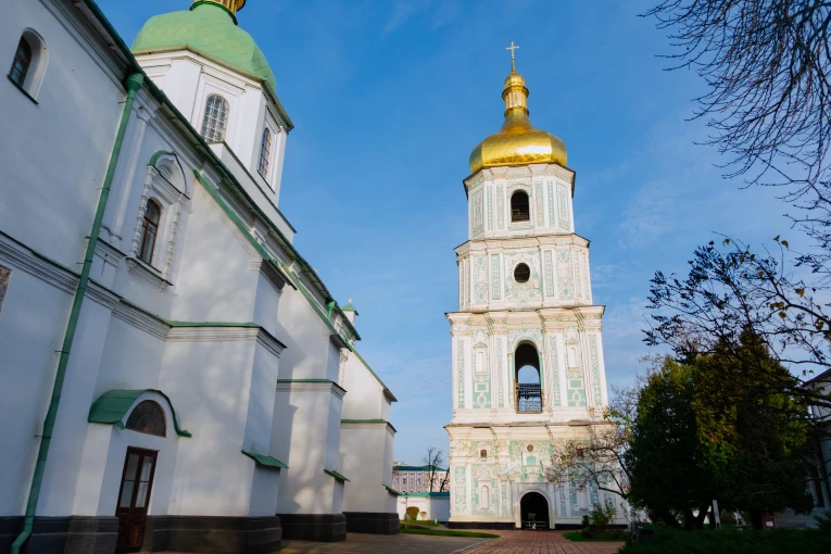 St. Sophia Cathedral in Kyiv - silhouette of carillon bells against the blue sky
