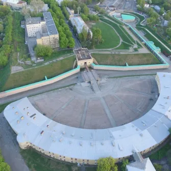 Kyiv Fortress in Kyiv - aerial view of the horseshoe-shaped fortification and parade ground