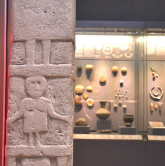 Artifacts of Trypillian culture in the window of the Museum of History of Ukraine in Kyiv