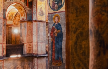 Saint Sophia Cathedral in Kyiv - wall fresco depicting a saint inside the cathedral