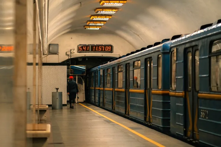 A train in Kyiv metro ready to depart from the platform