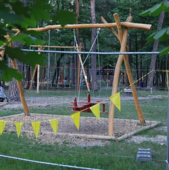 Park Partyzanskoi Slavy in Kyiv - wooden play area featuring tall swings and climbing structures set amongst the pine trees