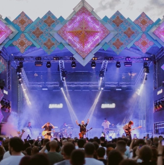 Vyava in Kyiv - rock band performing on a large outdoor decorated stage