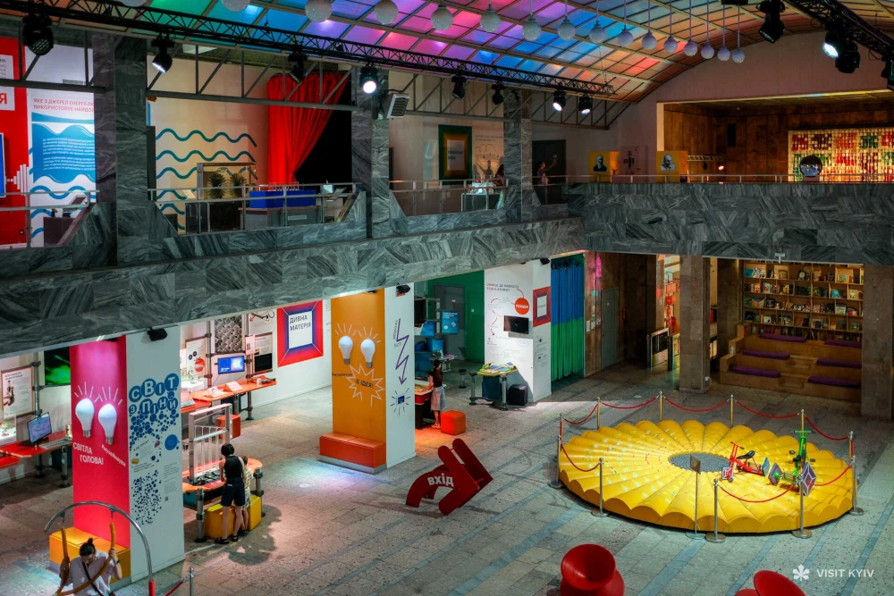 Spacious interior of the Science Museum on VDNG in Kyiv with exhibits