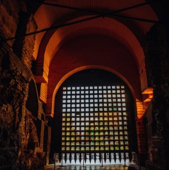 A view of the main gate from inside the historic Golden Gate building in Kyiv