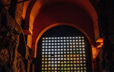 A view of the main gate from inside the historic Golden Gate building in Kyiv