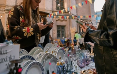 Vintage dishes and glasses at the Podilsky Shuk market in Kyiv