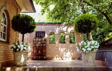 Vozdvyzhenskyi in Kyiv - garden terrace with a brick wall, arched mirrors, and potted white flowers