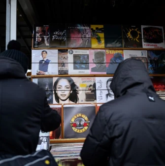 A collection of vinyl records at a flea market near Pochaina in Kyiv