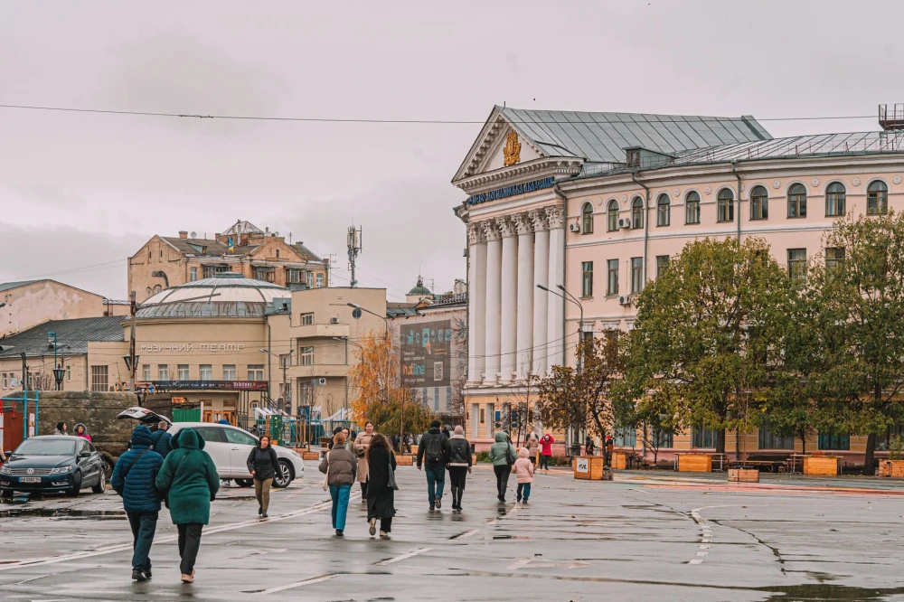 Kontraktova Square in Kyiv - view of Kyiv-Mohyla Academy and Musical Theater
