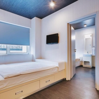 Bright single room at the IQ Hotel in Kyiv with minimalist design