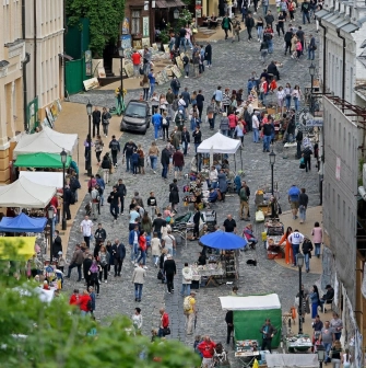 A crowd of people on St. Andrew's Descent during a street fair
