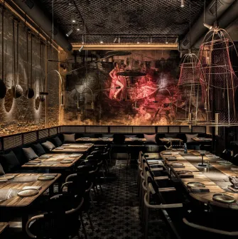 The picturesque wall interior of the NĂM restaurant in Kyiv