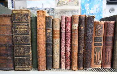 Old books with worn bindings on the shelf of a flea market near Pochaina in Kyiv