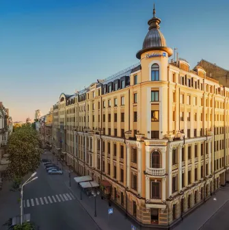 Facade of the Radisson Blu hotel in the center of Kyiv
