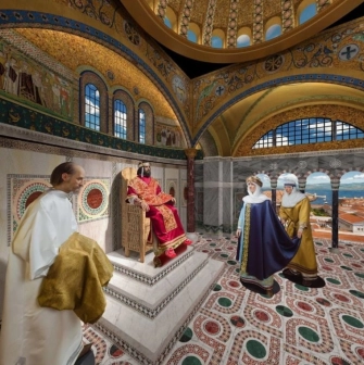 Muzei Stanovlennia Ukrainskoi Natsii in Kyiv - magnificent Byzantine throne hall reconstruction with a prince seated in red robes receiving visitors