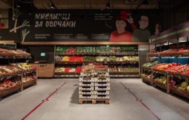 Goodwine in Kyiv - fresh fruit and vegetable department with produce in crates