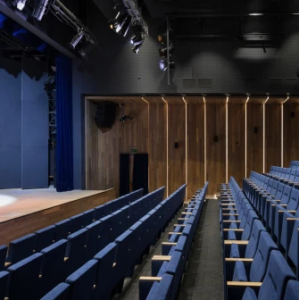 Teatr na Podoli in Kyiv - empty modern stage with blue velvet seating rows