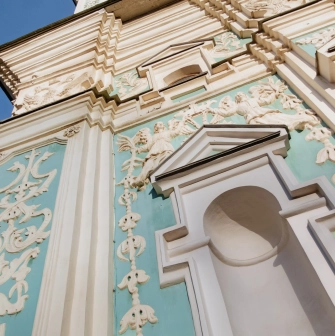 Saint Sophia Cathedral in Kyiv - bell tower facade with stucco details and baroque architectural ornaments
