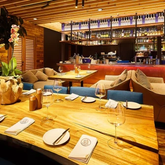 Interior of Veranda restaurant on the Dnipro river with a panoramic view of the river in the evening