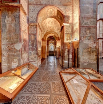 Interior of St. Sophia Cathedral with mosaics and sarcophagi of princes in Kyiv