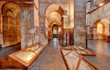 Interior of St. Sophia Cathedral with mosaics and sarcophagi of princes in Kyiv