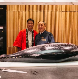 Chefs with a whole tuna during a special event at Fujiwara Yoshi restaurant in Kyiv