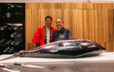 Chefs with a whole tuna during a special event at Fujiwara Yoshi restaurant in Kyiv