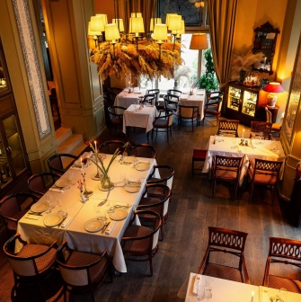 Elegantly decorated interior of La Veranda restaurant in Kyiv