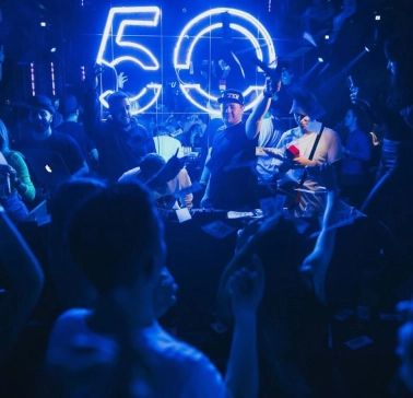 Party at the Fifty club in Kyiv with a lot of people and blue lighting