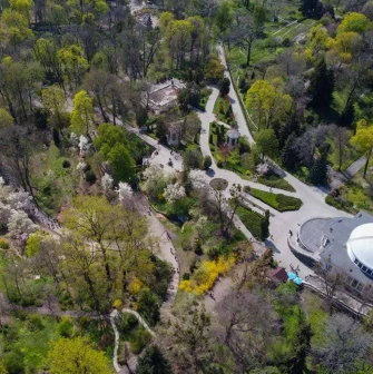 Aerial photo of the Fomin Botanical Garden with green alleys and the central building