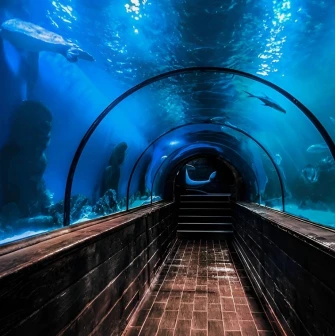 Okeanarium Morska Kazka in Kyiv - underwater glass tunnel allowing visitors to walk surrounded by sharks and fish