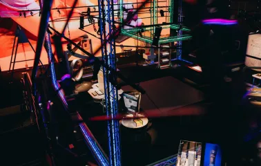 Museum of Mathematics Kuboid in Kyiv - complex view through metal truss structures and stage lighting revealing the high-tech atmosphere of the interactive museum