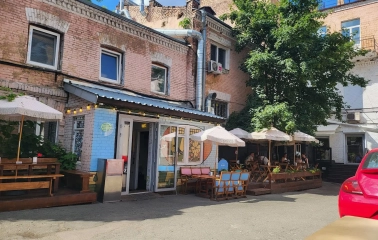 OG Burger in Kyiv - brick building and outdoor terrace