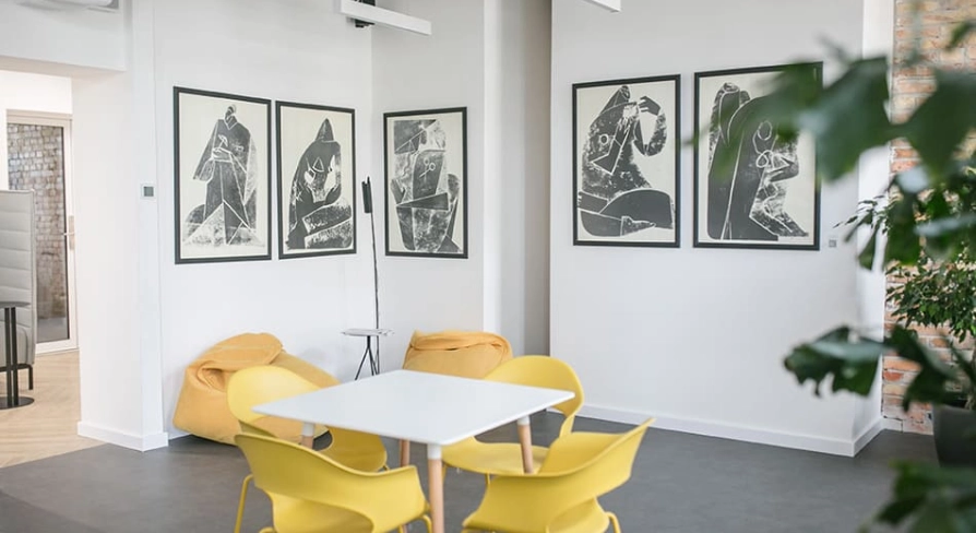 Recreation area with yellow chairs at Peremoga Space in Kyiv