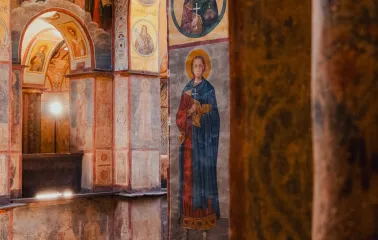 Saint Sophia Cathedral in Kyiv - wall fresco depicting a saint inside the cathedral