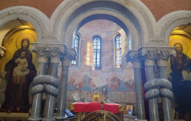 St. Cyril's Church in Kyiv - altar view with stone columns, icons and arched windows