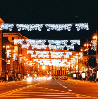 Khreshchatyk in Kyiv - evening lanterns and garlands illuminating the roads