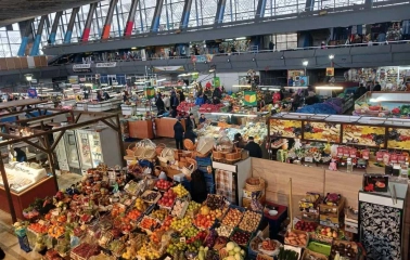 A general view of the Zhytniy Market trading floor with numerous stalls